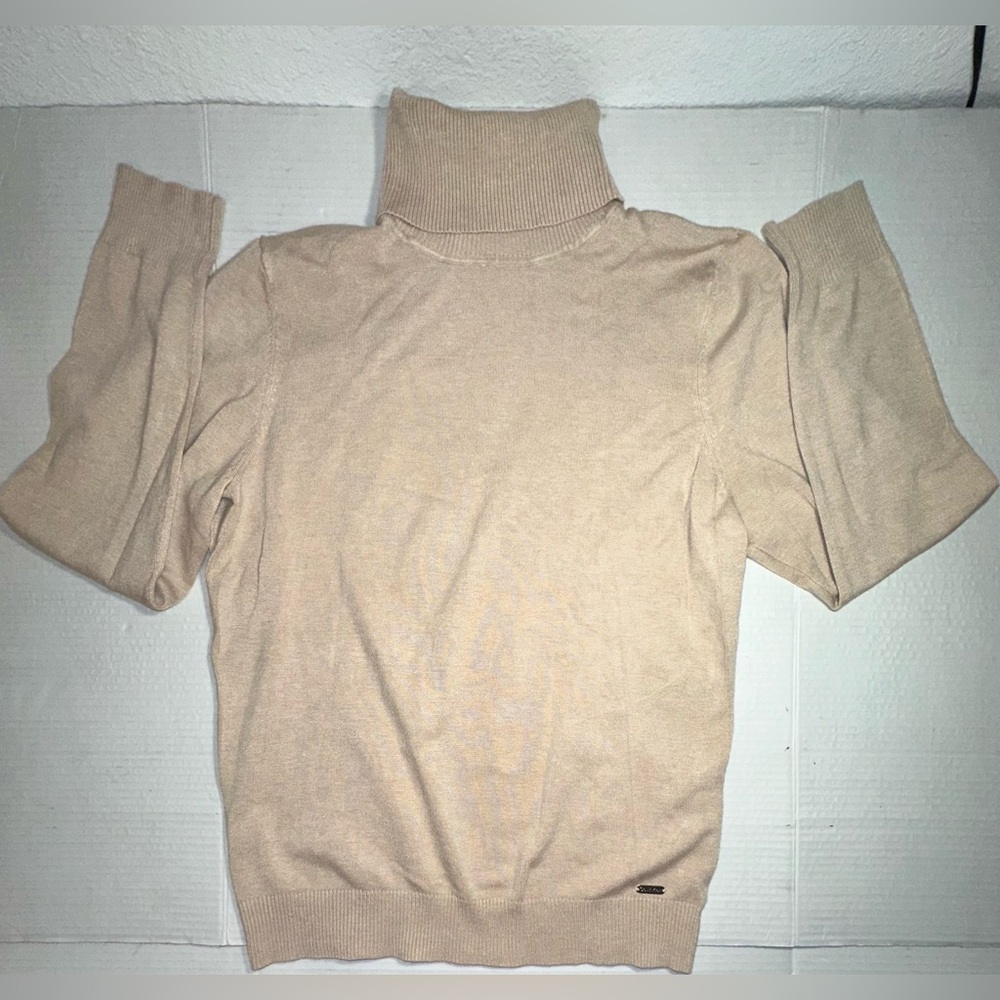 Calvin Klein Turtleneck Sweater Women’s Size Large Solid Beige Logo Classic Tan - Picture 3 of 11